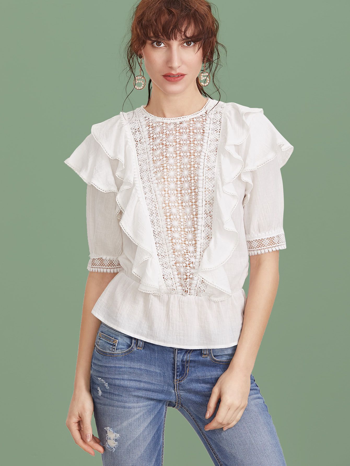 White Crochet V Panel Ruffle Trim Peplum Top | SHEIN