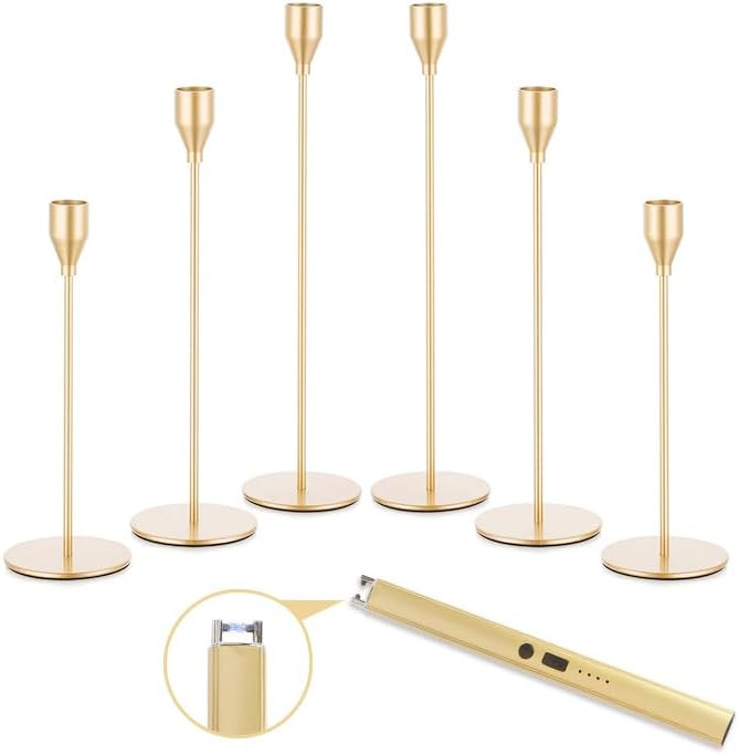 Gold Taper Candle Holder - 6PCS Candlestick Holders and Candle Lighter Rechargeable Modern Design... | Amazon (US)