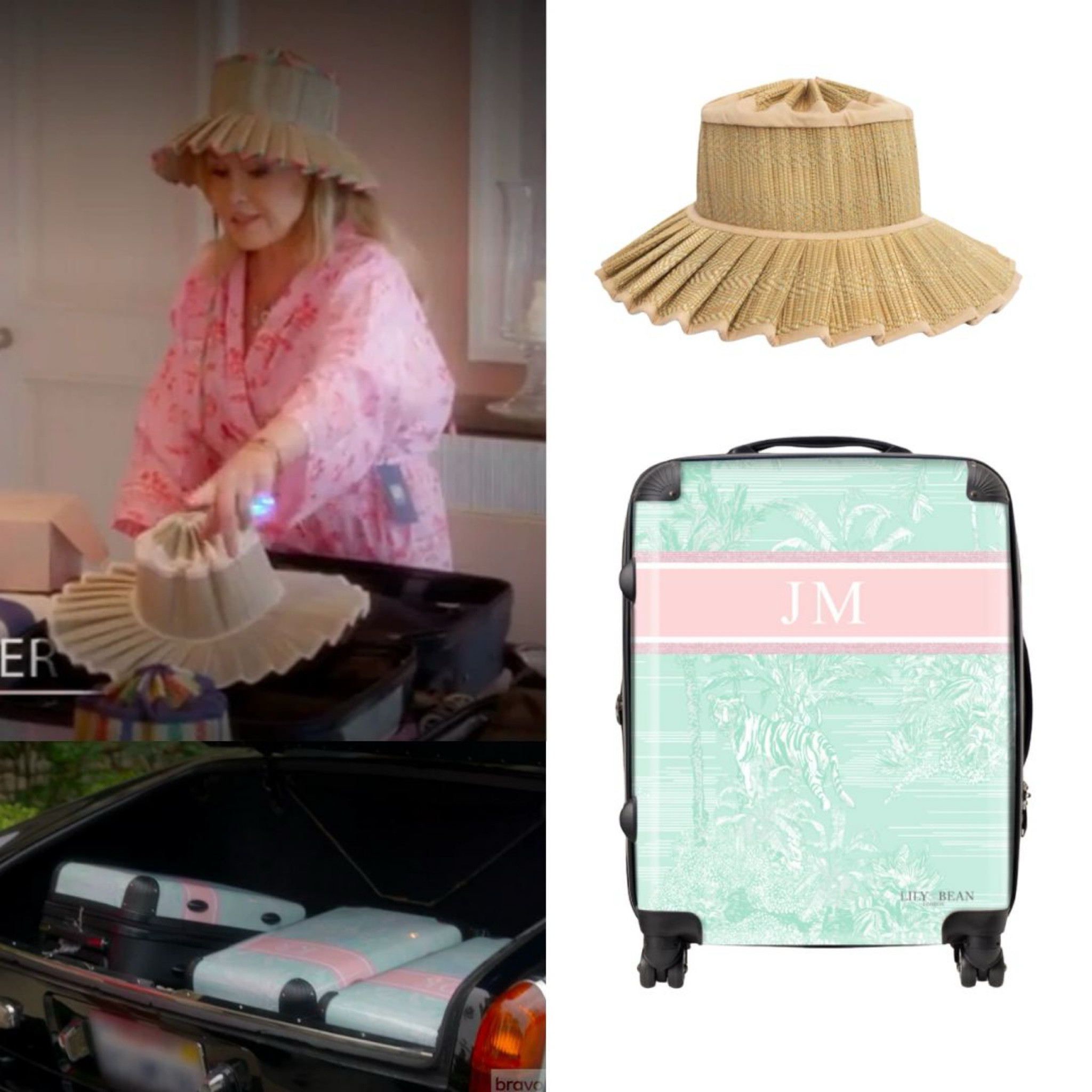 Kathy Hilton’s Personalized Suitcases and Pleated Hats. Hat by Lorna Murray 