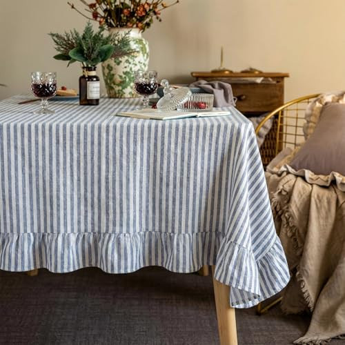 Boao Cotton 52 x 70 Inch Farmhouse Ruffle Tablecloth Blue White Striped Flounces Trim Table Cover for Rectangle Table Kitchen Party Wedding Decor | Amazon (US)