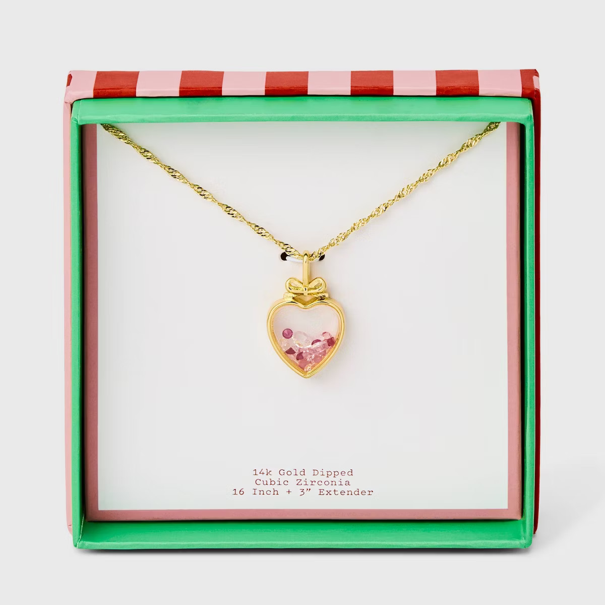 Valentine's Day 14K Gold Dipped Heart Shaker with Bow Pendant Necklace - A New Day™ Pink/Gold | Target