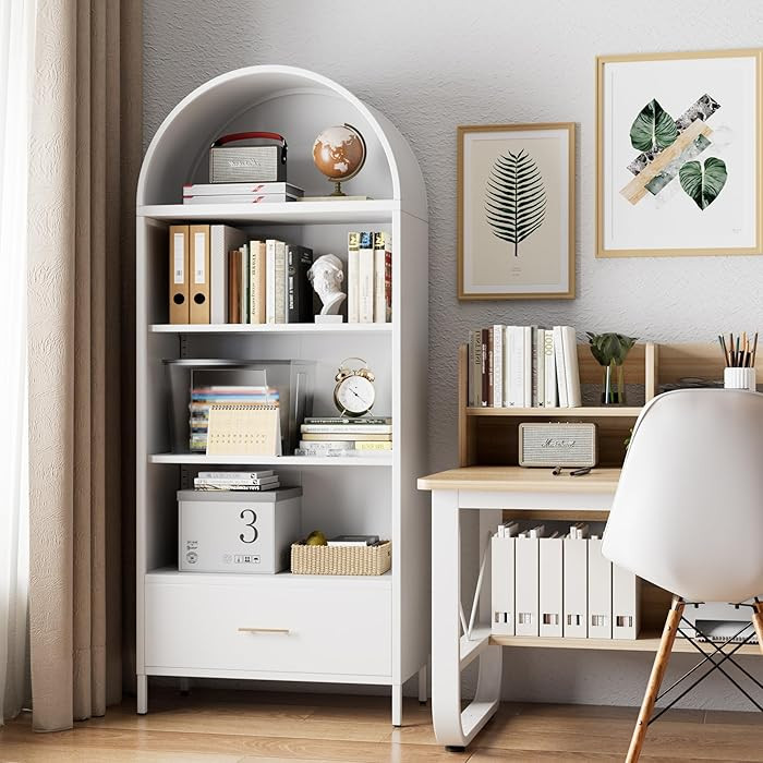 Metal White Arched Bookcase with 2 Adjustable Shelf, Arched Bookshelf with Drawer for Home Office... | Amazon (US)