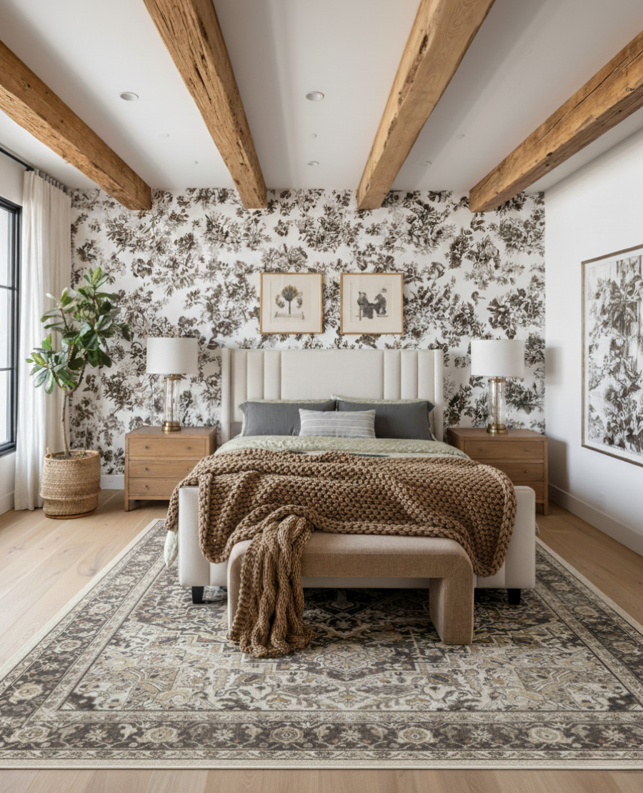 An inviting blend of softness and structure, this bedroom pairs tailored design with organic warmth. The upholstered headboard brings a refined touch against the bold floral wallpaper, while exposed wood beams add rustic charm overhead. A mix of earthy tones, from the caramel knit throw to the vintage inspired rug, creates a cozy yet elevated retreat filled with timeless character.

Shop the look:
Upholstered platform bed | Floral wallpaper | Chunky knit throw | Neutral accent pillows | Wooden nightstands | Brass table lamps | Vintage patterned rug | Framed wall art | Woven planter basket | Modern bedroom decor 

Black Friday 

 #LTKStyleTip

#LTKHome #LTKCyberWeek #LTKSaleAlert