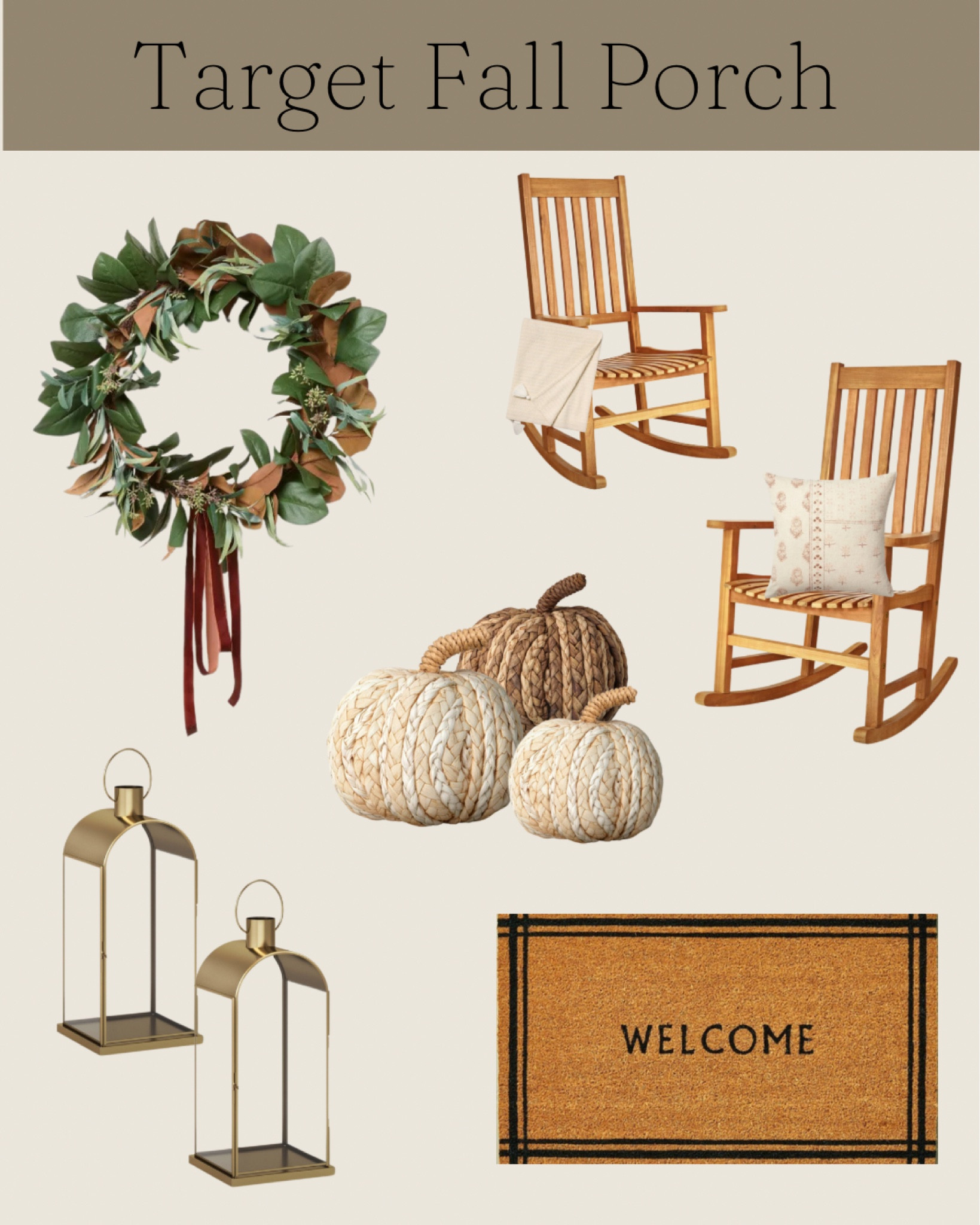 Target Fall Porch

Fall wreath, rocker, decorative pumpkins, lanterns, welcome mat

#LTKSeasonal #LTKHome #LTKFindsUnder50
