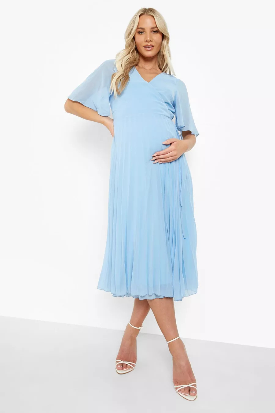Maternity Wrap Pleated Skater Midi Dress | Boohoo.com (US & CA)
