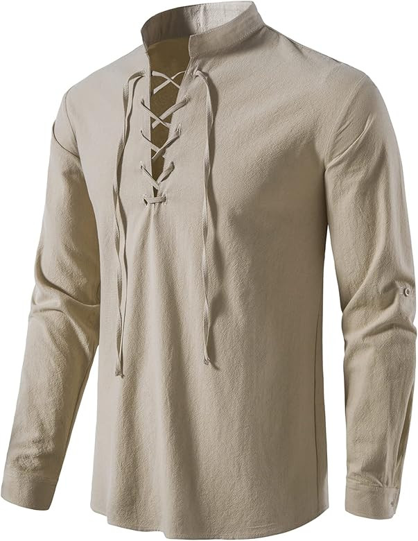LucMatton Men's 100% Cotton Retro Style Lace up Long Sleeve Shirts for Medieval,Viking,Hippie Mat... | Amazon (US)