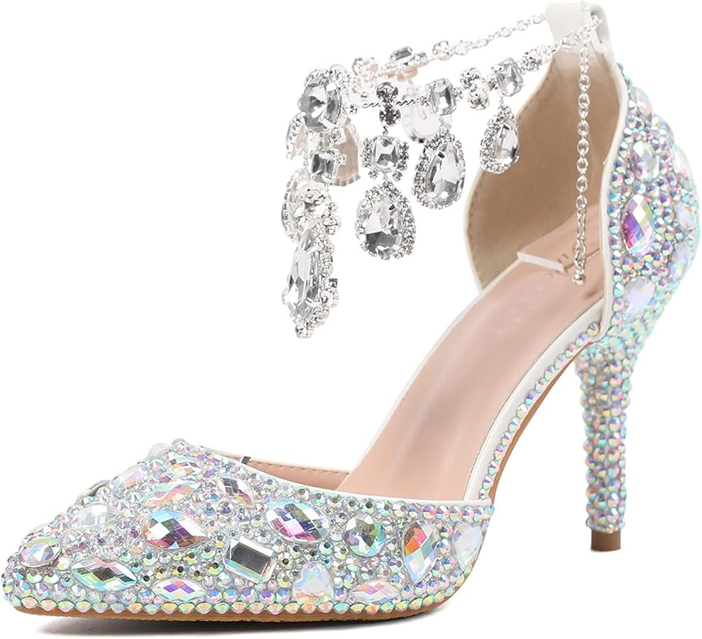 Minishion Womens Rhinestone Wedding Shoes Party Pumps with Ankle Chains | Amazon (US)