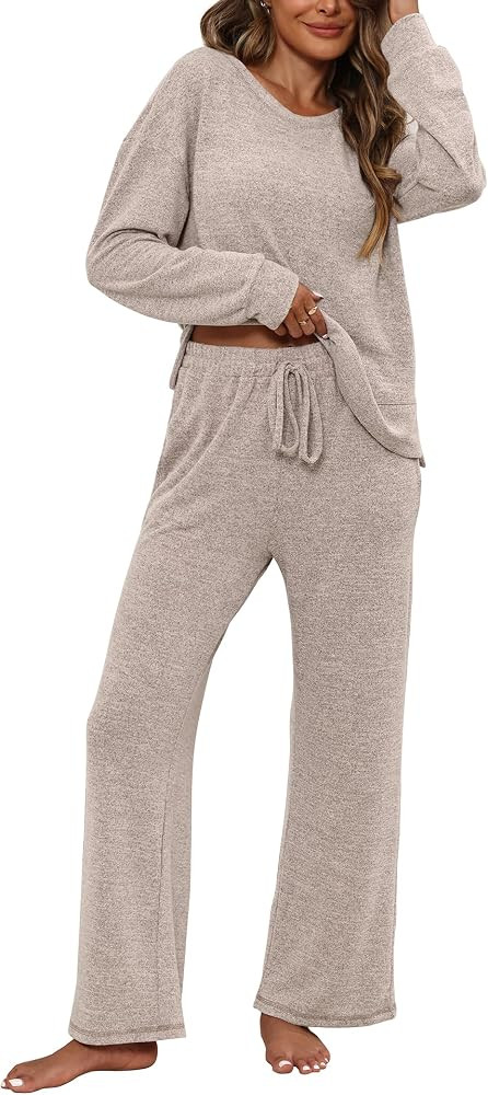 ZMJ Women's Cute Lounge Set Long Sleeve 2 Piece Pajama Outfit Casual Fall Sleepwear with Pockets | Amazon (US)