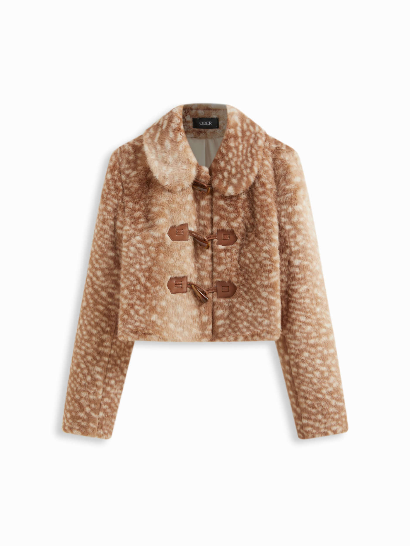 Faux Fur Deer Print Faux Fur Collar Toggle Button Crop Jacket For Daily Casual | Cider