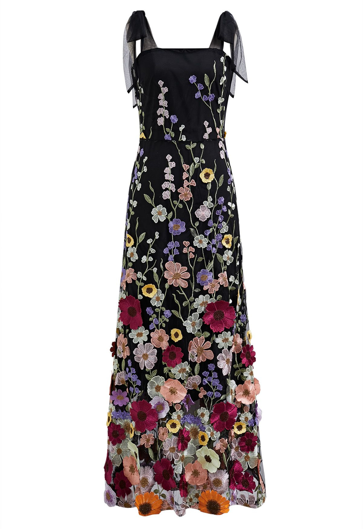3D Floral Applique Tie-Strap Mesh Tulle Maxi Dress in Black | Chicwish