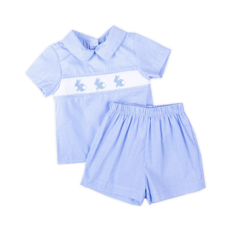 Enchanted Bunny Blue Gingham Smocked Collared Short Set | Classic Whimsy