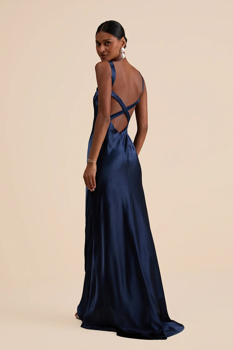 Perfectly Classy Navy Satin Strappy Maxi Dress | Lulus