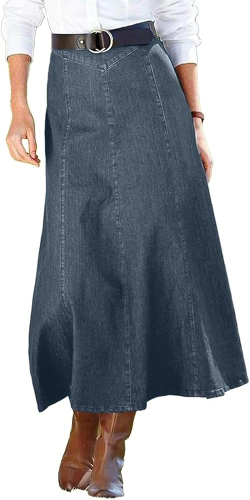 Flamingals A-Line High Rise Vintage Wash Stitch Detail Long Denim Skirt Without Belt | Amazon (US)