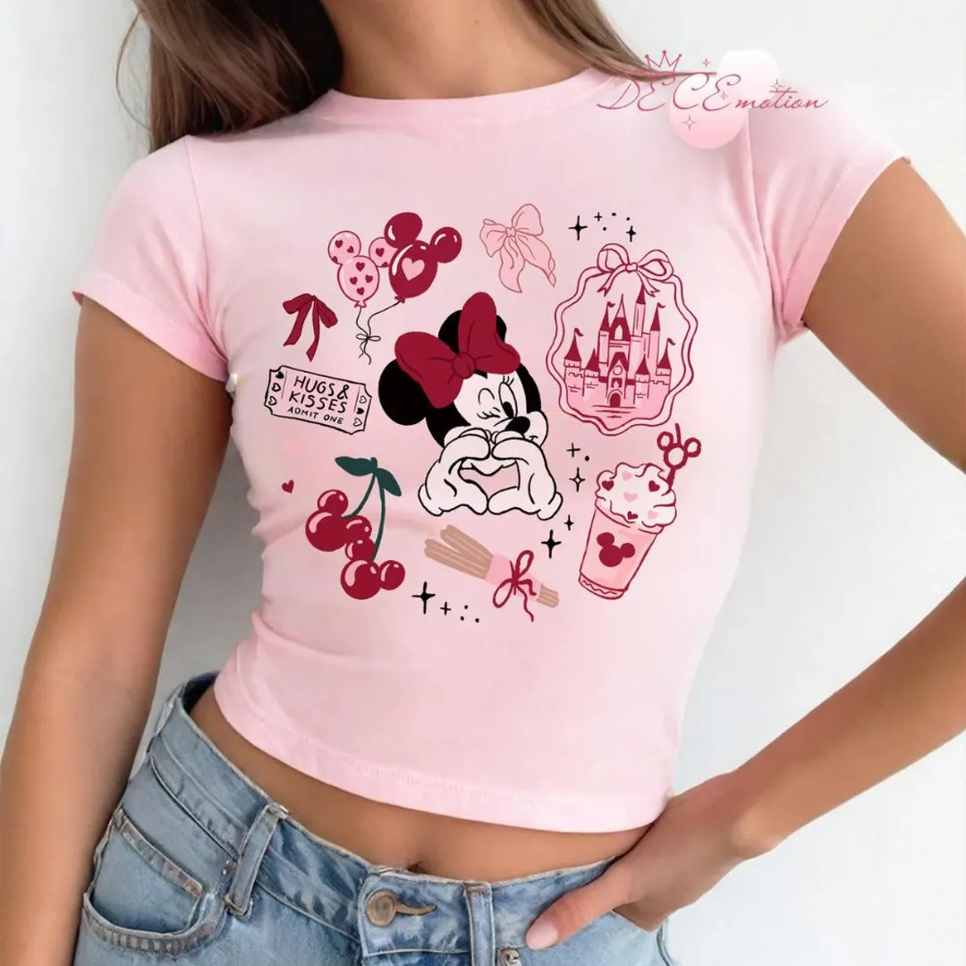 Coquette Bow Mickey Minnie Cherry Disney Valentine Baby Tee Crop Tank, Walt Disney World Disneyla... | Etsy (US)