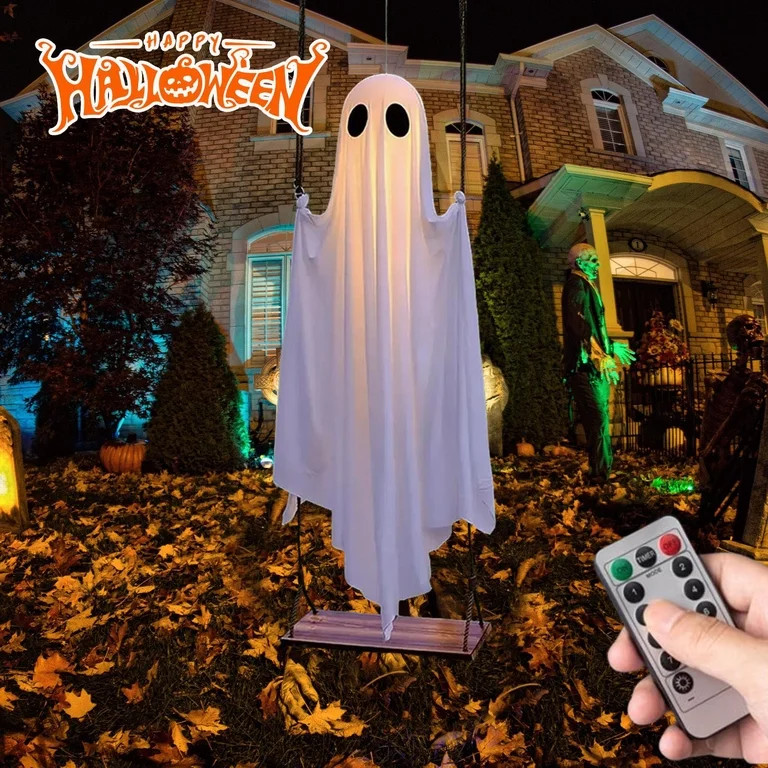 Swinging Ghost Outdoor Decor Hanging Swing Ghost with String Lights Ghost on a Swing Halloween De... | Walmart (US)