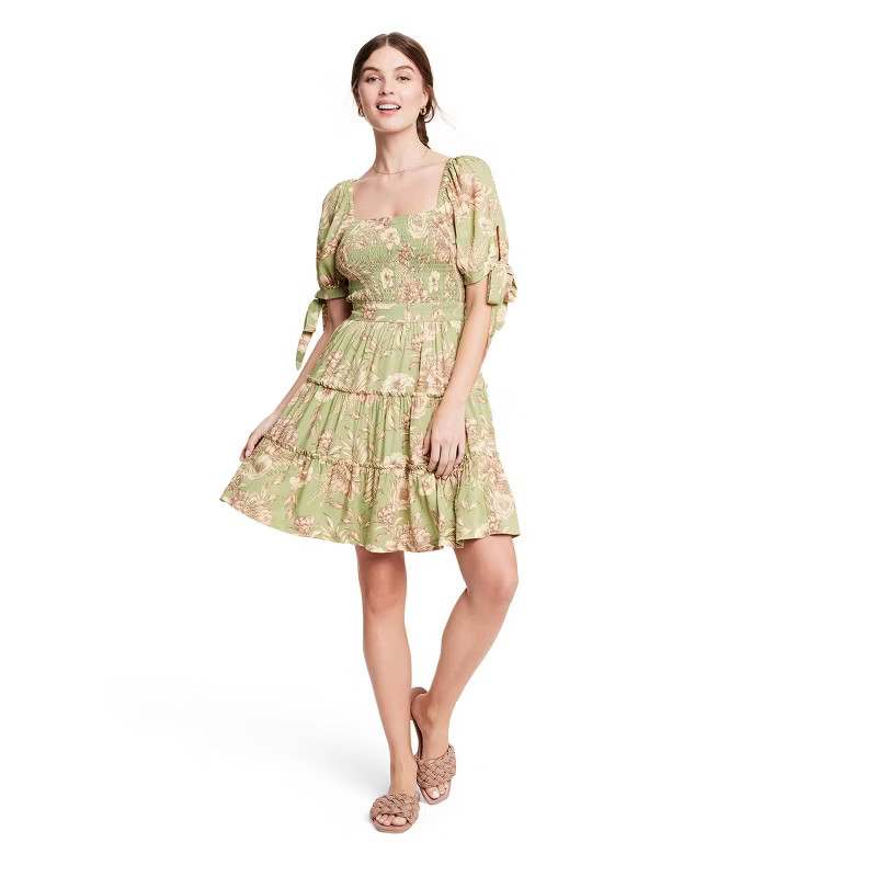 Women's Romantic Floral Print Puff Sleeve Mini Dress - Agua Bendita x Target Light Olive | Target