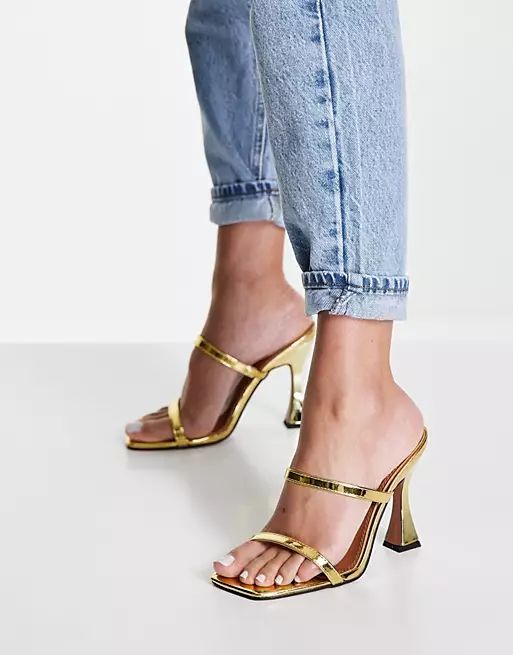 ASOS DESIGN Wide Fit Nasia heeled mules in gold | ASOS (Global)