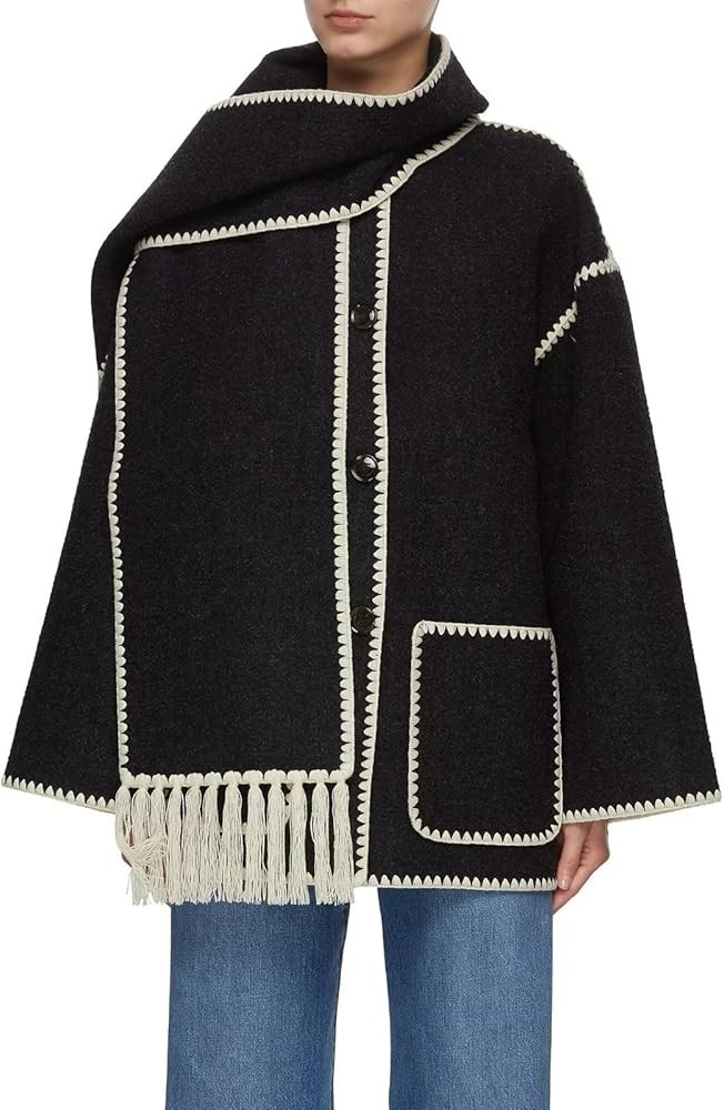 RAMOUG Women's Autumn And Winter Fashion Coat Casual Embroidery Tassel Scarf Loose Jacket | Amazon (US)