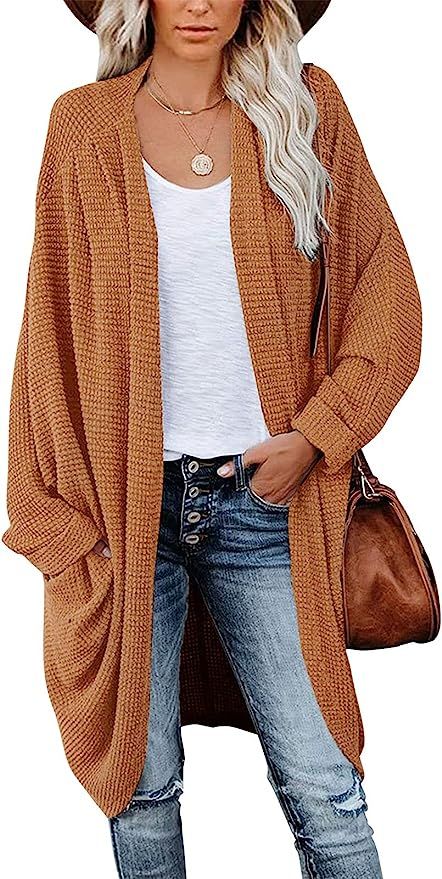MEROKEETY Women's Waffle Knit Batwing Long Sleeve Cardigan Loose Open Front Sweater Coat | Amazon (US)