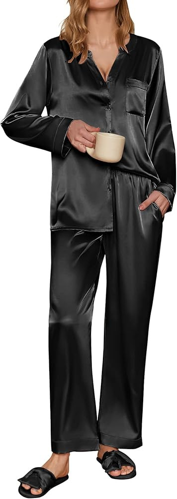 Ekouaer Women's Classic-Fit Long-Sleeve Pajama Set, Satin | Amazon (US)
