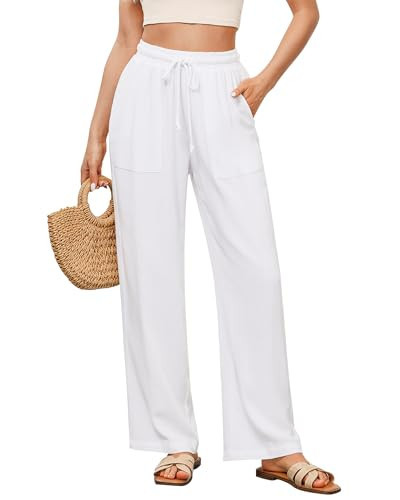 GRAPENT Ladies Linen Pants Linen Pants Women Summer Pants for Women Casual Lightweight Women Pants Casual Work Beach Wear High Waist Wide Leg Linen Pants Color White X-Large Size 16 to 18 | Amazon (US)