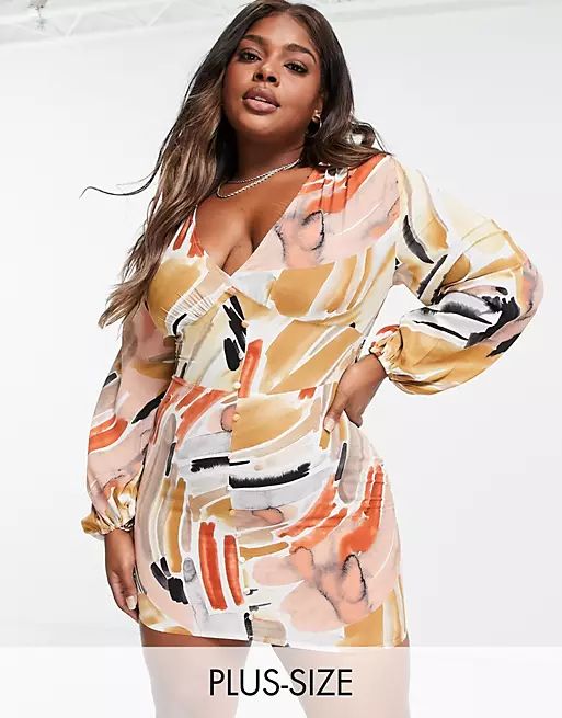 In The Style Plus plunge front volume sleeve mini dress in multi brush stroke print | ASOS (Global)