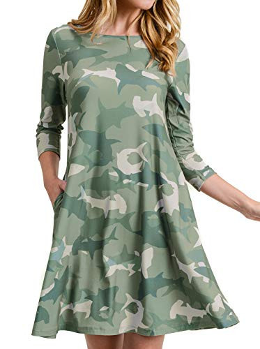 Women’s Plus Size 3/4 Sleeves Printed Shark Dress, A Line Dress with Camouflage Shark Design and Above Knee Length, Soft and Comfy, Spring Fall | Amazon (US)