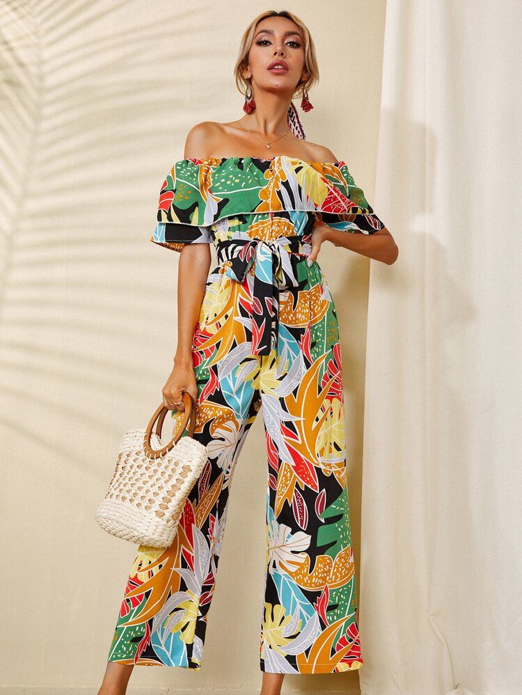 Tropical Print Flounce Trim Belted Bardot Jumpsuit | SHEIN