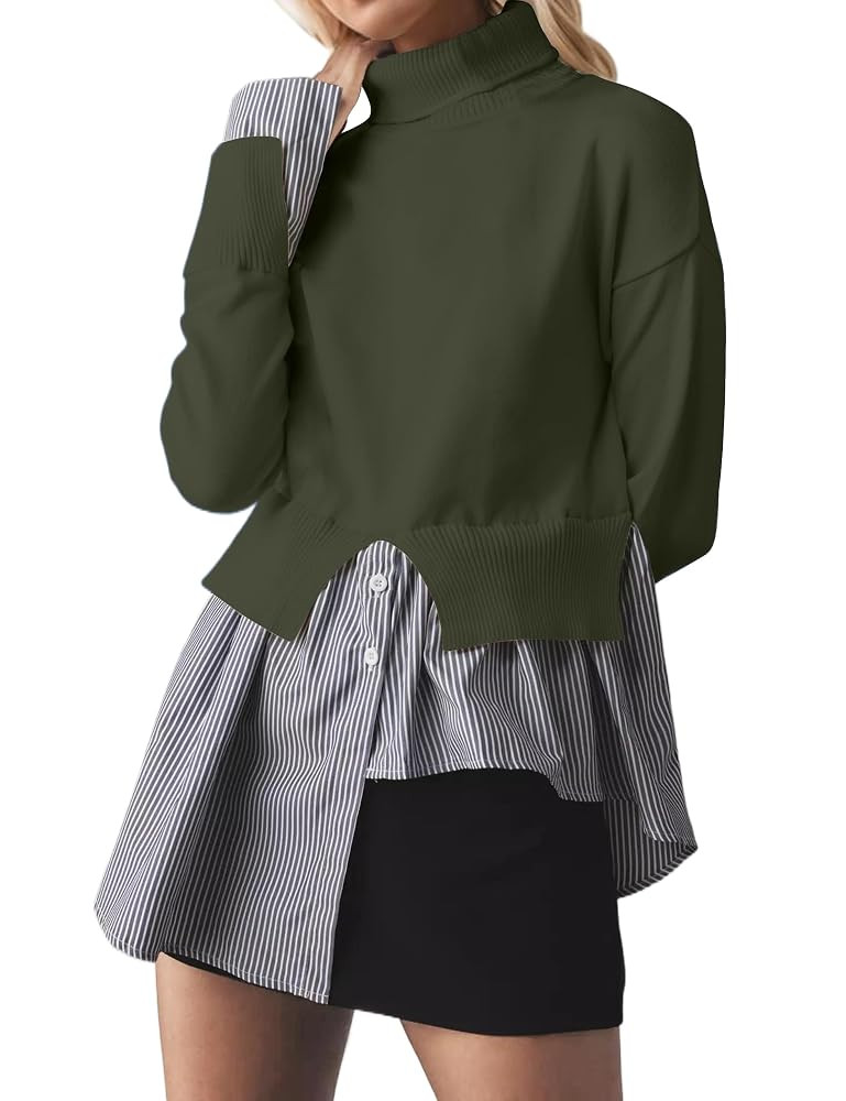 MISSACTIVER Women Slit Turtleneck Patchwork Sweater 2 in 1 Buttons Down Pullover Knit Sweater Asy... | Amazon (US)