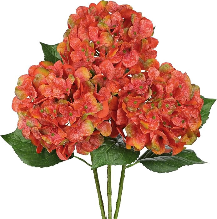 Large Coral Red & Burnt Orange Fall Hydrangea Artificial Flowers 3Pcs | Amazon (US)