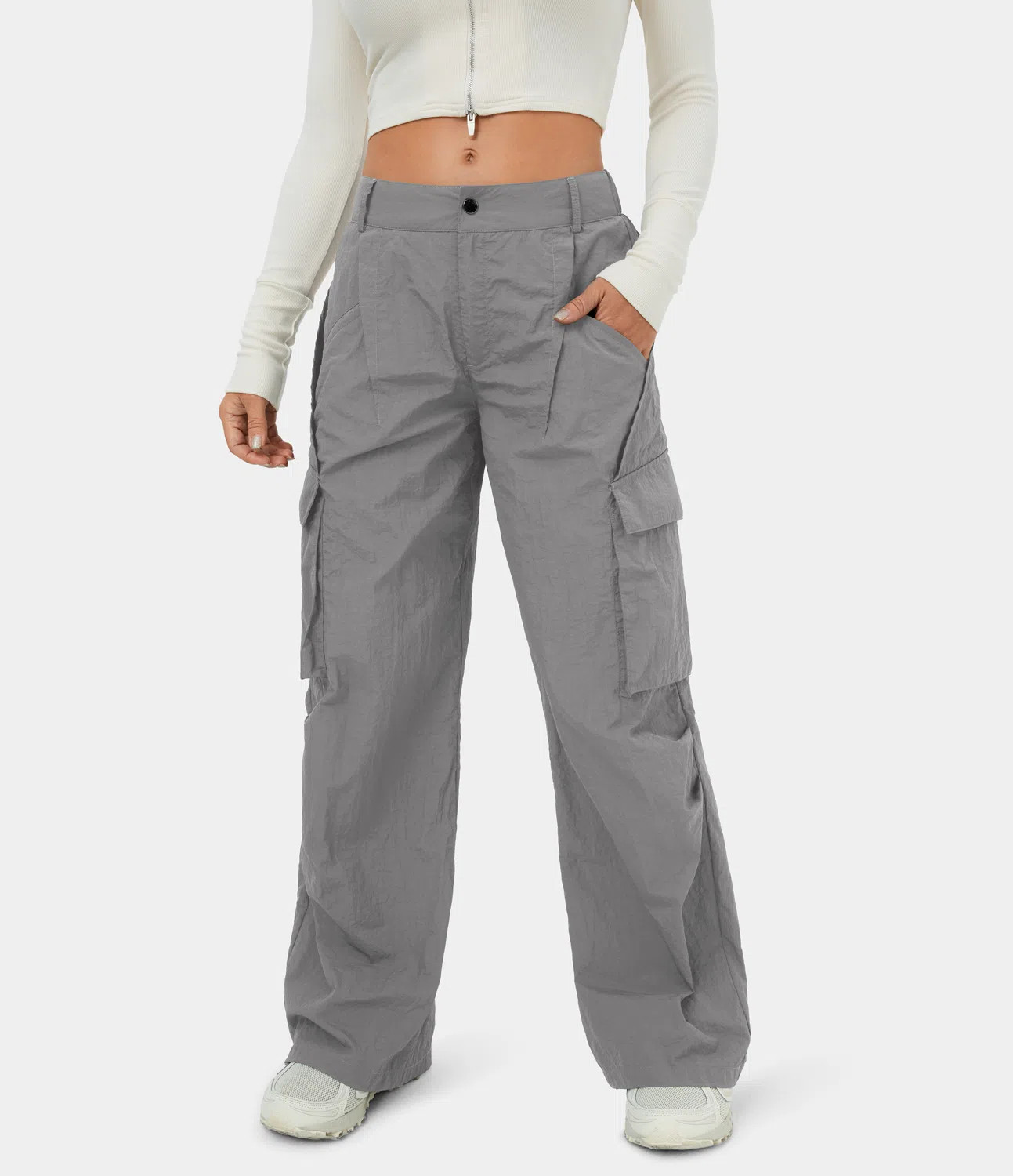 Women’s Mid Rise Button Zipper Side Pocket Wide Leg Casual Cargo Pants - Halara | HALARA