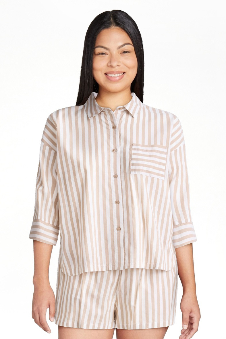 Joyspun Women’s Woven ¾ Sleeve Notch Collar Top and Boxer Shorts Pajama Set, Sizes XS-3X | Walmart (US)