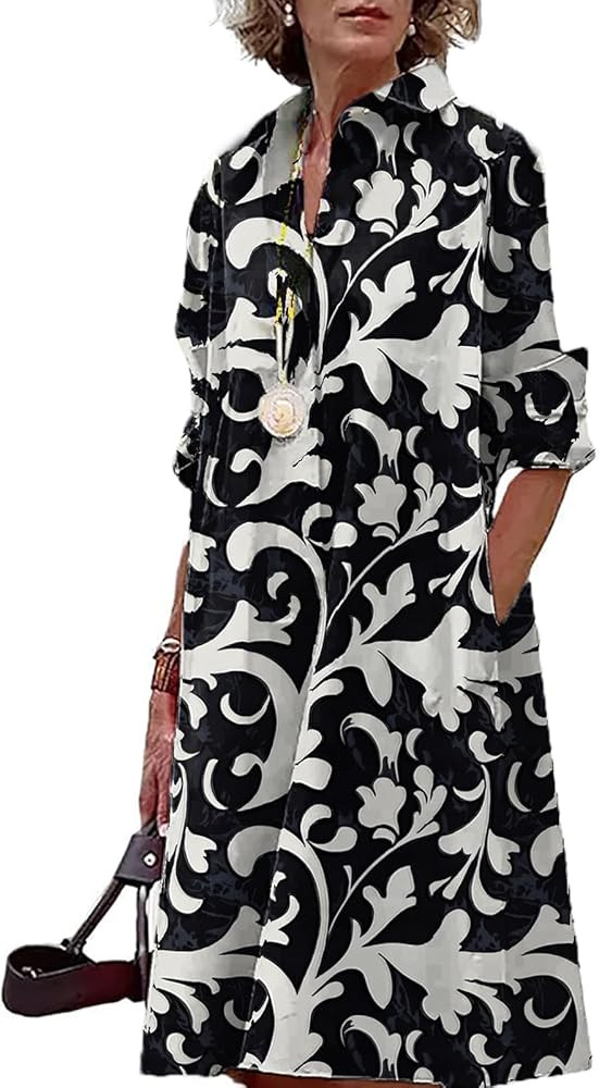 domirica Button Down Shirt Dress for Women Floral Long Sleeve Collared A Line 2025 Summer Fashion... | Amazon (US)