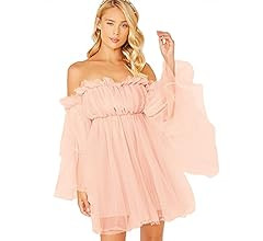 Romwe Women's Romantic Off Shoulder Flounce Long Sleeve Wedding Ruffle Mesh Party Mini Dress | Amazon (US)