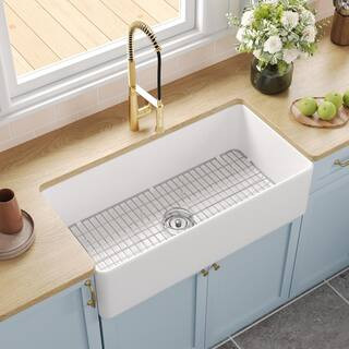 Grove White Fireclay 36 in. L x 18 in. W Rectangular Single Bowl Farmhouse Apron Kitchen Sink with Grid and Strainer | The Home Depot