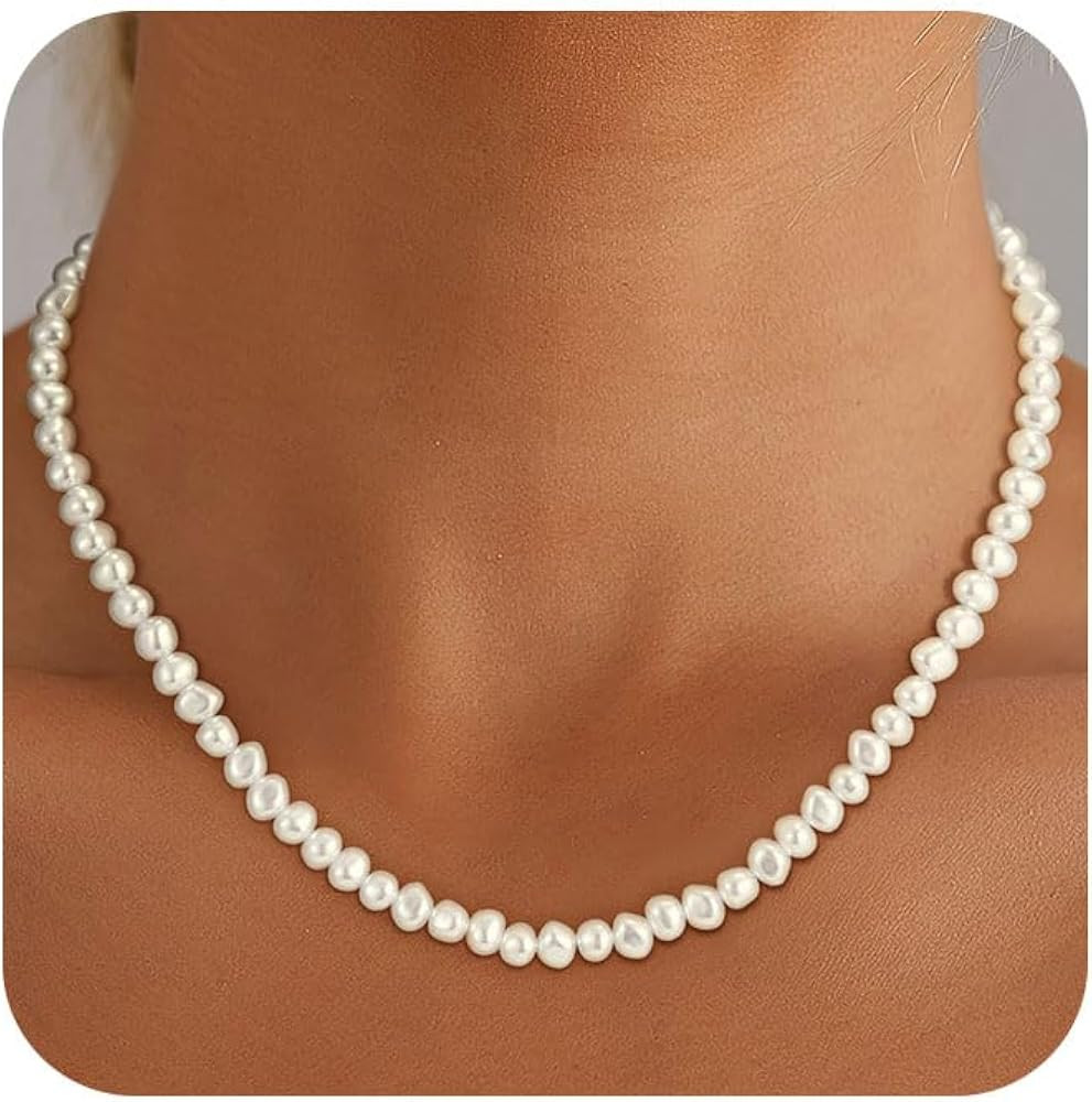 Amazon.com: Fezodo Pearl Necklaces for Women, Dainty White Pearl Choker Necklace Tiny Small Pearl... | Amazon (US)