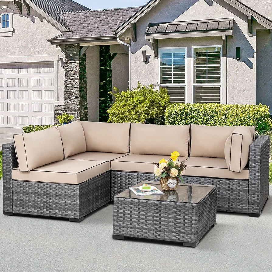 Shintenchi 5 Pieces Outdoor Patio Sectional Sofa Couch, Silver Gray PE Wicker Furniture Conversat... | Amazon (US)