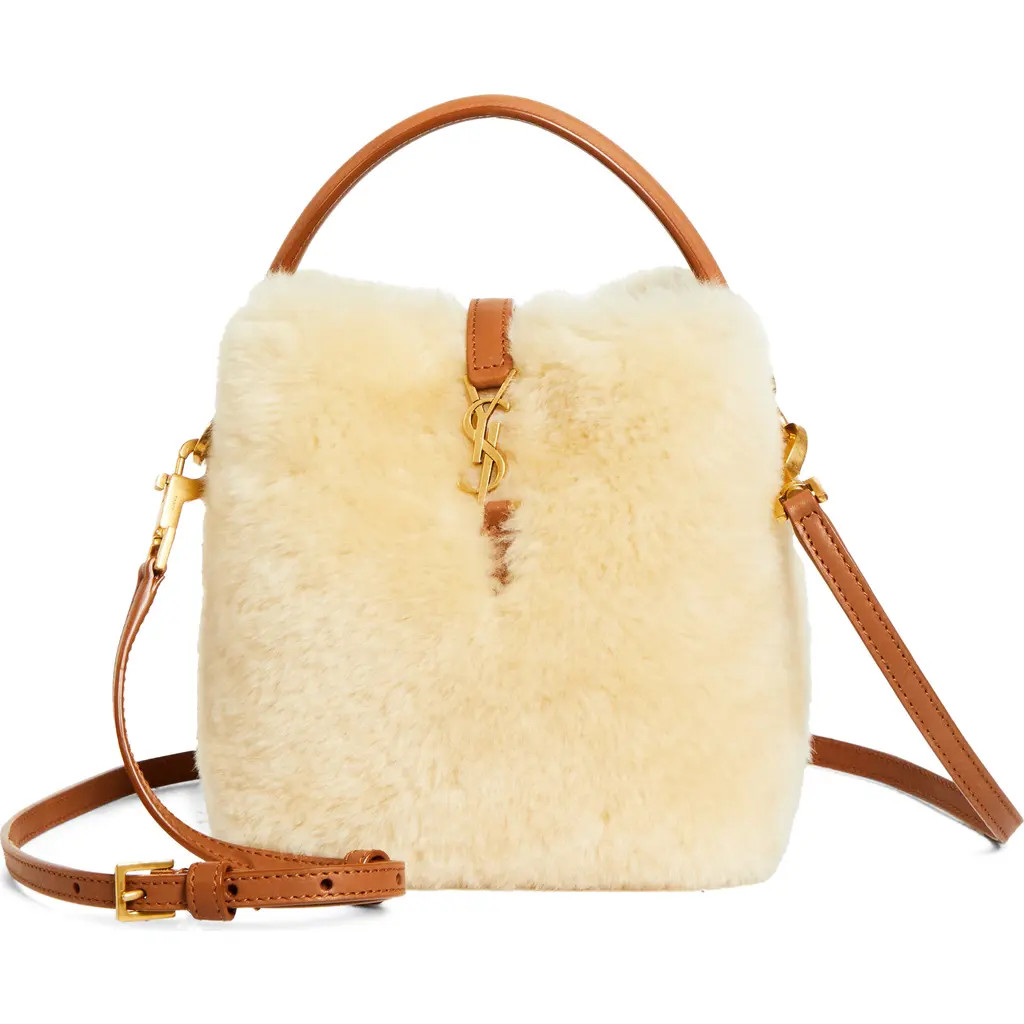 Saint Laurent Mini Le 37 Genuine Shearling Bucket Bag in Cream Beige/Brick at Nordstrom | Nordstrom