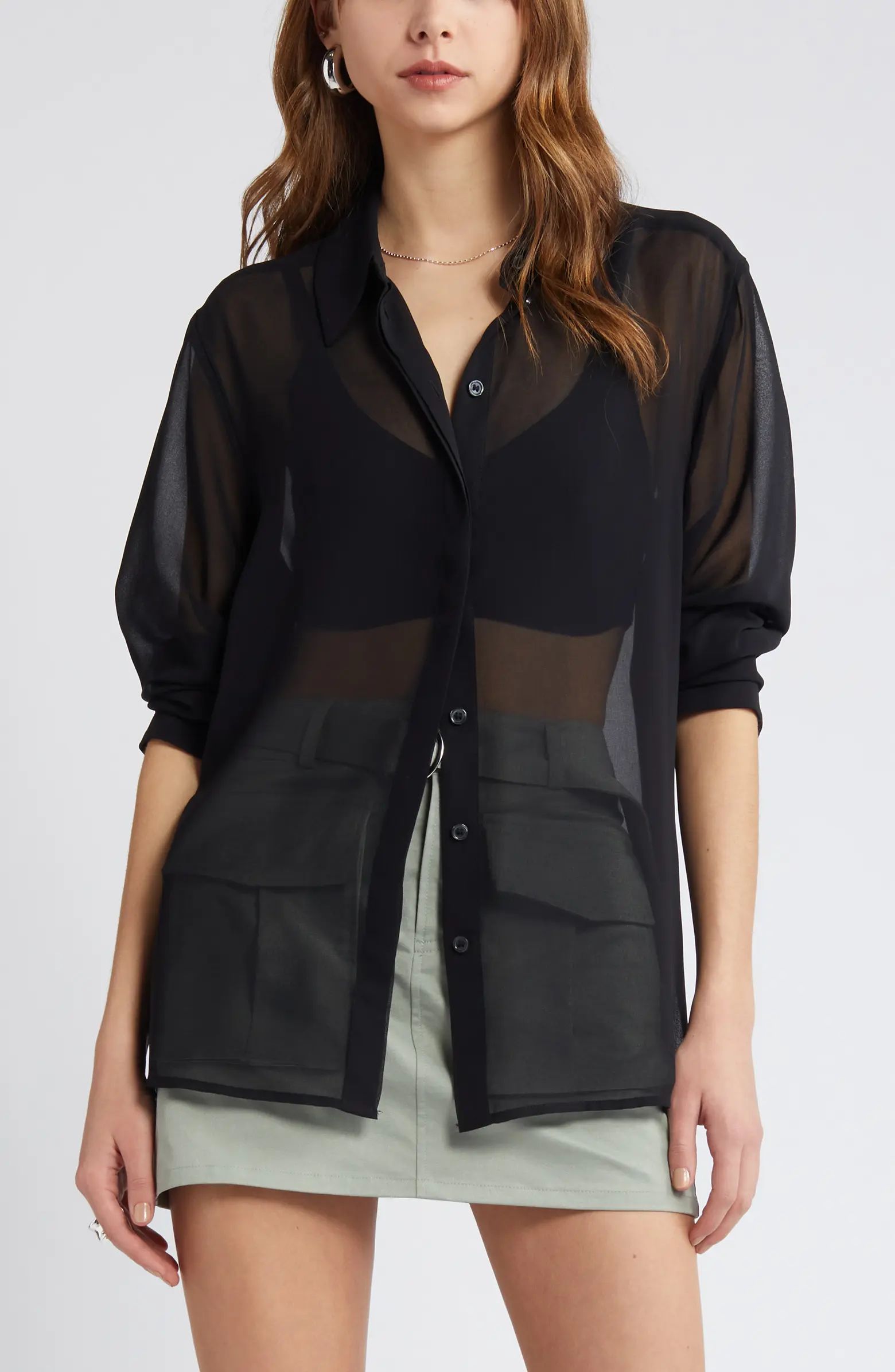 Oversize Semisheer Button-Up Shirt | Nordstrom