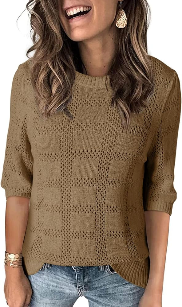 Dokotoo Women's Casual 3/4 Sleeve Loose Tunic Tops Lightweight Crochet Knit Summer Sweaters Blous... | Amazon (US)