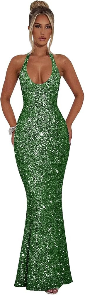 Sequin Prom Dress for Women 2026 Sparkly Long Corset Bodycon Halter Mermaid Formal Glitter Evenin... | Amazon (US)