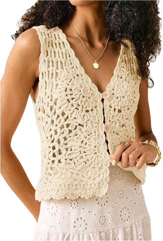 SweatyRocks Women's Boho Tops Button Up Crochet Vest Hollow Out V Neck Tank | Amazon (US)