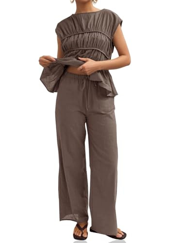 Tankaneo Womens 2 Piece Sets Summer Linen Babydoll Peplum Pleated Tank Top Pants Set Cotton Trave... | Amazon (US)