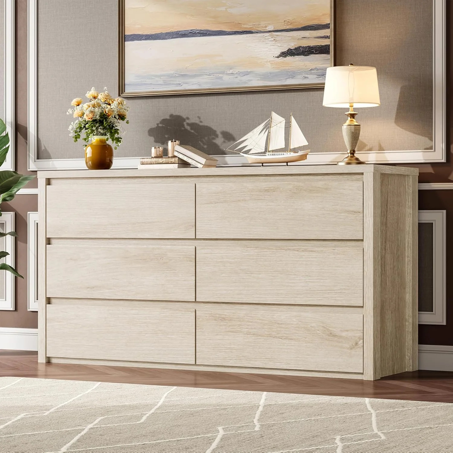 Modern Handle-Free 6 Drawer Dresser for Bedroom - Wide Wooden Chest of Drawers - Spacious Storage... | Walmart (US)