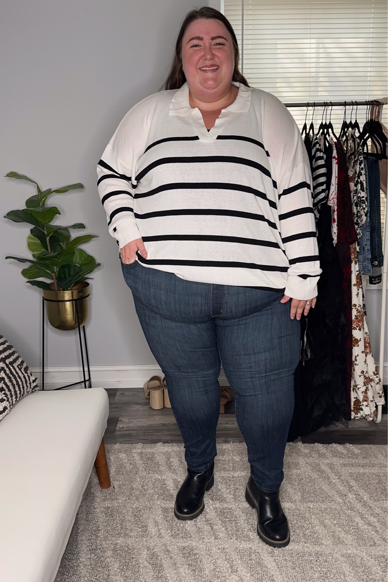 Day 3/3 of Plus Size Denim Outfits! My last denim look for this series is featuring Amazon pieces! I saw Ashley try these pull-on Lee jeans and wanted to give them a try! I saw some comments about the fit and decided to go with my regular size 28 in these and they were pretty good once I got them on — they fit amazing in the legs but were a bit snug across my low stomach. I am going to order the 30 when they come back in stock to compare! I added this super cute striped collared pullover sweater from Amazon The Drop in a 4X and the fit is perfectly loose and cozy. If you want a more fitted look, I would suggest sizing down! To complete the look, I added my favorite Dream Cloud Chelsea Boots from Lane Bryant! These are still holding up so well a full year later! 

#LTKfindsunder100 #LTKplussize #LTKstyletip