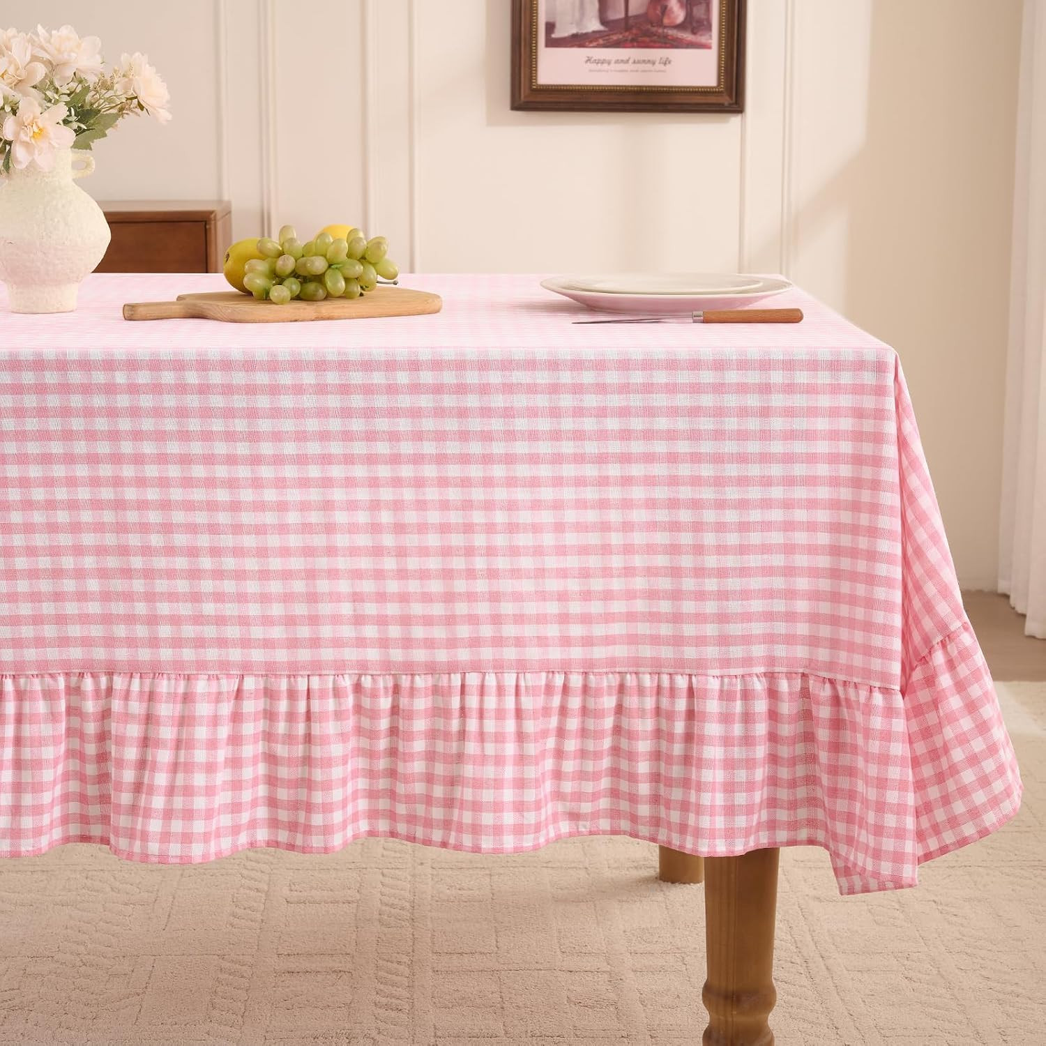 Romanstile Gingham Ruffled Tablecloth Rectangle, 60 x 84 Inch, Pink | Amazon (US)