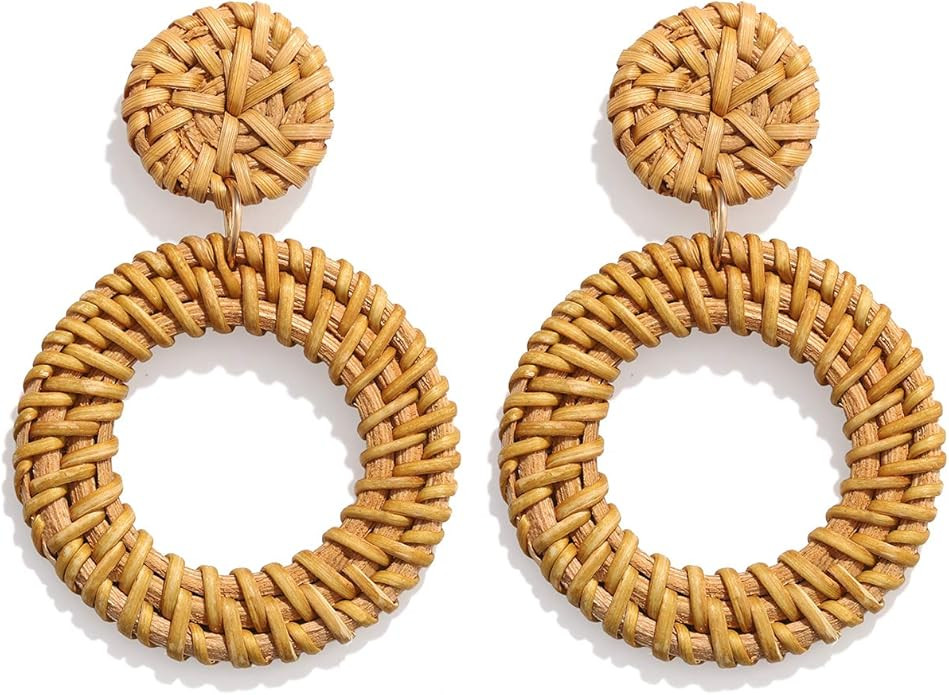 Weave Straw Double Disc Drop Earrings Boho Rattan Dangle Statement Earrings | Amazon (US)