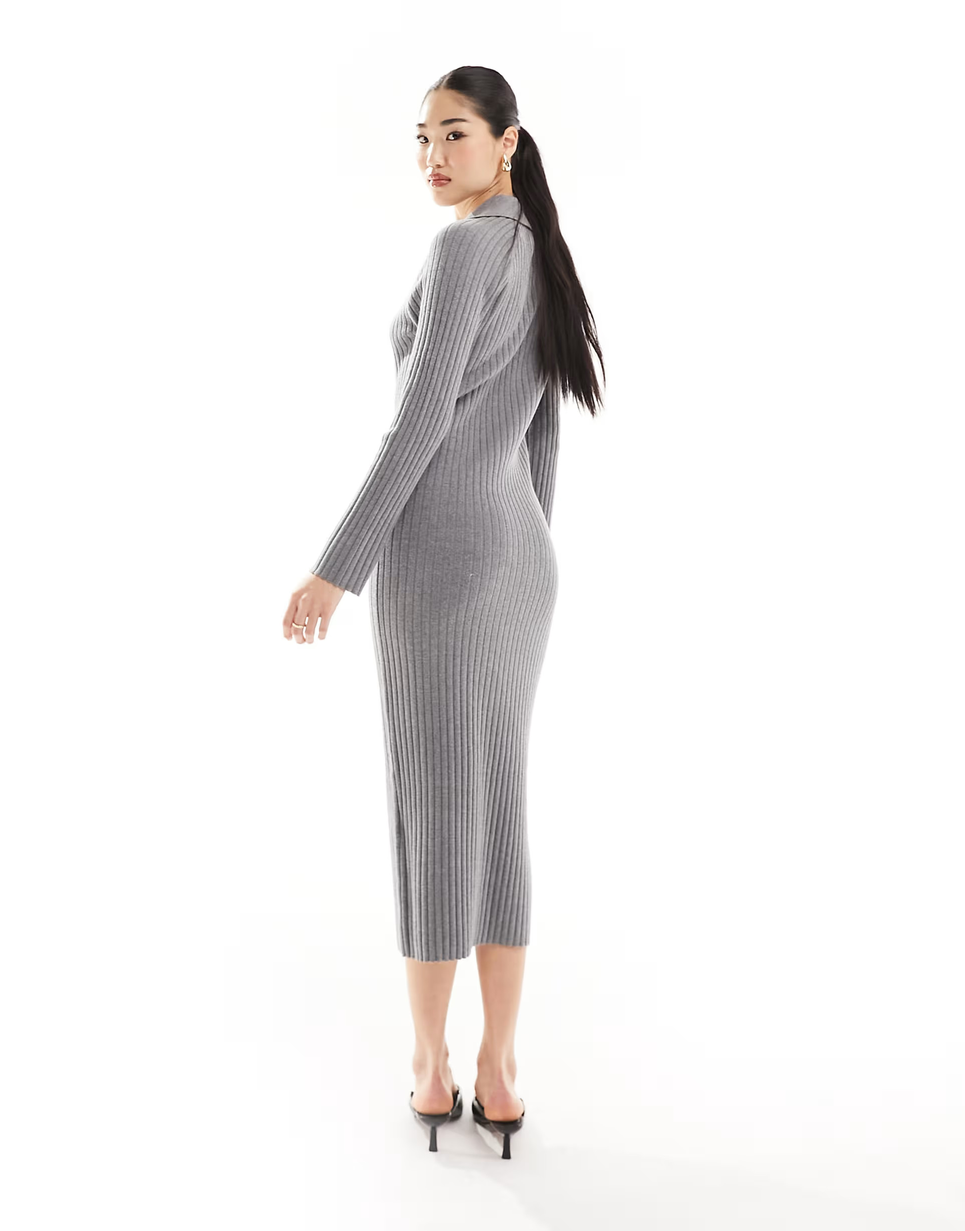 Whistles Bonnie zip ribbed knit midi dress in dark grey | ASOS (Global)