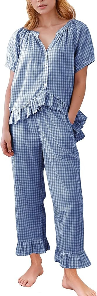 Flygo Womens Plaid 2 Piece Pajamas Sets Gingham Button Down Puff Sleeve Babydoll Shirt Ruffle Pan... | Amazon (US)