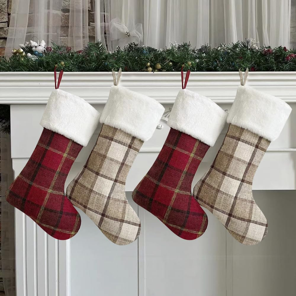 4 Pack Buffalo Plaid Christmas Stockings, 22 Inch Large Red & Beige Checked Xmas Stocking for Fam... | Amazon (US)